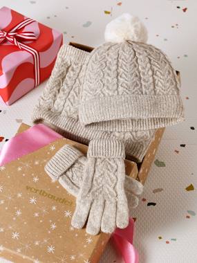 Christmas Cable Knit Set: Beanie + Snood + Mittens/Gloves for Girls - vertbaudet enfant Girls-Christmas Cable Knit Set: Beanie + Snood + Mittens/Gloves for Girls