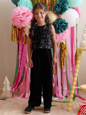 Velour Jumpsuit with Sequins for Girls - vertbaudet enfant -Velour Jumpsuit with Sequins for Girls