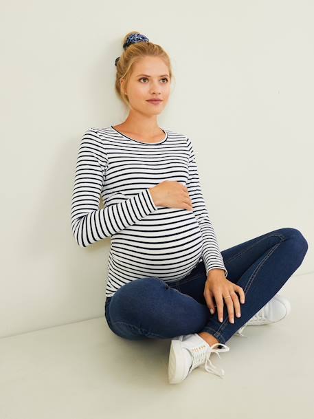 Long-Sleeved Maternity Top ochre+White Stripes - vertbaudet enfant 