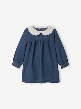 Denim Dress, Embroidered Voile Collar, for Babies - vertbaudet enfant Denim Dress, Embroidered Voile Collar, for Babies - vertbaudet enfant