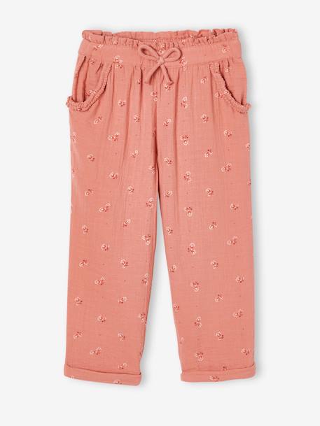 Cropped Cotton Gauze Trousers with Floral Print, for Girls BLUE MEDIUM ALL OVER PRINTED+blush+ecru+printed white - vertbaudet enfant 