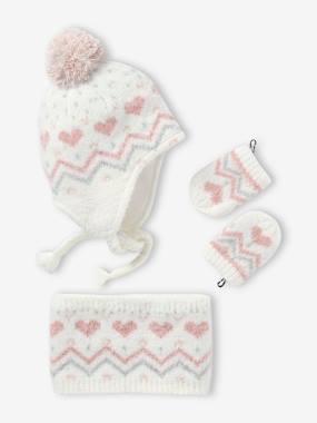 Fluffy Jacquard Knit Beanie + Snood + Mittens Set for Baby Girls - vertbaudet enfant -Fluffy Jacquard Knit Beanie + Snood + Mittens Set for Baby Girls