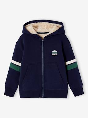 Hooded Jacket with Zip, Sherpa Lining, for Boys - vertbaudet enfant Boys-Cardigans, Jumpers & Sweatshirts-Hooded Jacket with Zip, Sherpa Lining, for Boys