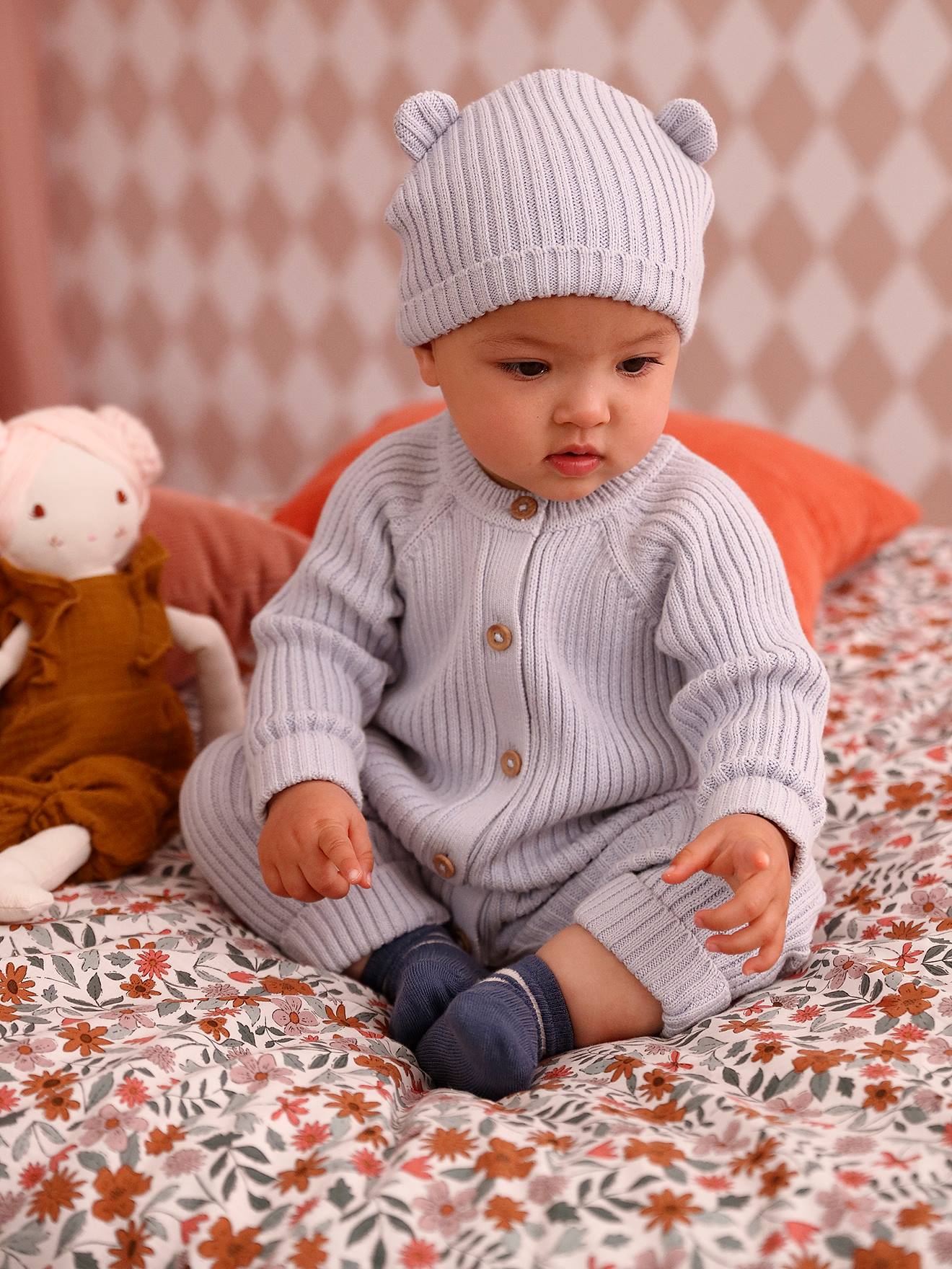 Knitted Jumpsuit & Matching Beanie with Ears Combo for