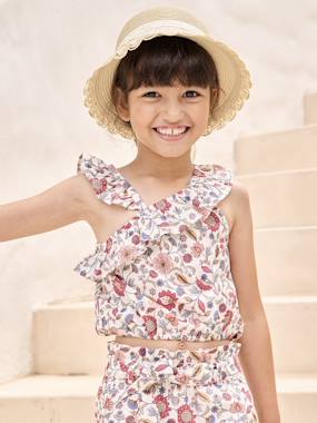 Asymmetrical Frill Blouse with Floral Print, for Girls - vertbaudet enfant -Asymmetrical Frill Blouse with Floral Print, for Girls