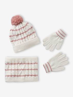 Girl's twisted knit set: beanie + snood + mittens/gloves - vertbaudet enfant -Girl's twisted knit set: beanie + snood + mittens/gloves