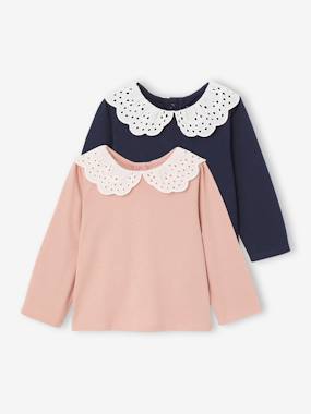 Pack of 2 T-Shirts with Broderie Anglaise Collar for Babies - vertbaudet enfant -Pack of 2 T-Shirts with Broderie Anglaise Collar for Babies