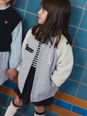 Dual-Fabric Bomber Jacket with Sherpa Sleeves for Girls - vertbaudet enfant -Dual-Fabric Bomber Jacket with Sherpa Sleeves for Girls