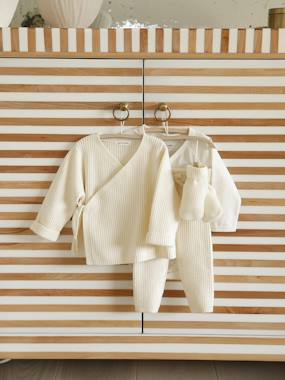 Set of 4 Plain Knit Items for Newborns: Cardigan + Trousers + Booties + Bodysuit - vertbaudet enfant Baby-Trousers & Jeans-Set of 4 Plain Knit Items for Newborns: Cardigan + Trousers + Booties + Bodysuit