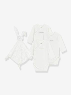 Set of 3 Embroidered Cotton Bodysuits & Rabbit Comforter for Newborns, PETIT BATEAU - vertbaudet enfant -Set of 3 Embroidered Cotton Bodysuits & Rabbit Comforter for Newborns, PETIT BATEAU