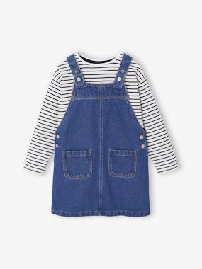 Ensemble fille robe salopette jean et tee shirt rayé - vertbaudet enfant