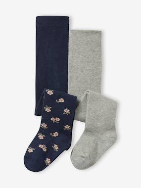 Pack of 2 plain and flower pattern baby girl's tights - vertbaudet enfant Pack of 2 plain and flower pattern baby girl's tights - vertbaudet enfant
