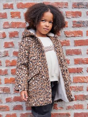 Leopard Print Wool Blend Hooded Coat for Girls - vertbaudet enfant Girls-Leopard Print Wool Blend Hooded Coat for Girls