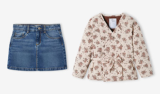 Silhouette Jupe en jean Basics fille + Boots cuir à noeud fille + Veste matelassée imprimée fleurs fille