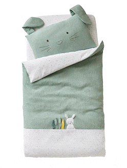 The outfit Duvet Cover for Babies, LAPIN VERT + Fitted Sheet for Babies, LAPIN VERT + Pillowcase in Cotton Gauze for Babies, LAPIN VERT