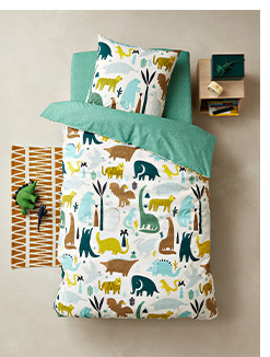 The outfit Duvet Cover + Pillowcase Set for Children, Paléo Jungle Theme + Fitted Sheet for Children, Paléo Jungle Theme