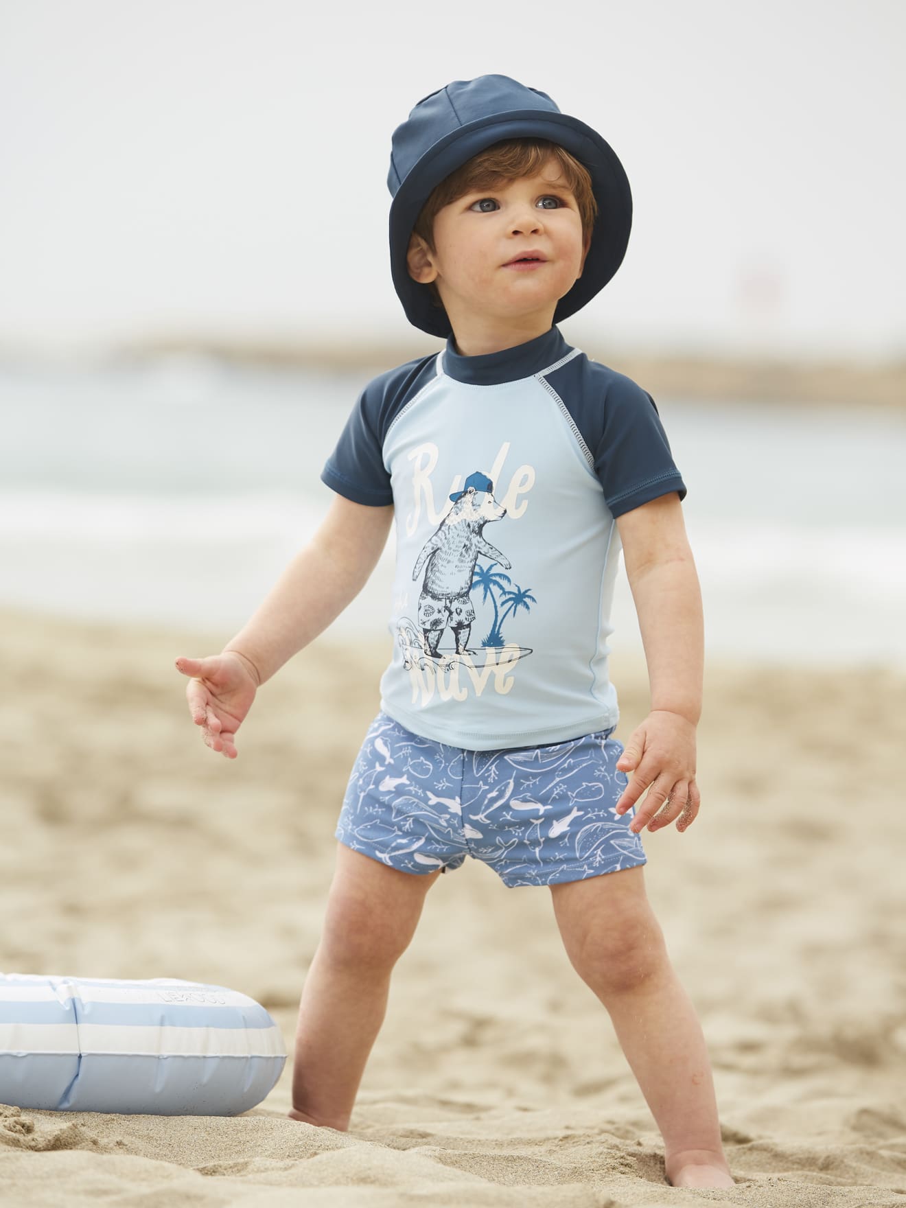 Ensemble De Bain Anti Uv Bebe Garcon Bonnet T Shirt Bleu Bebe