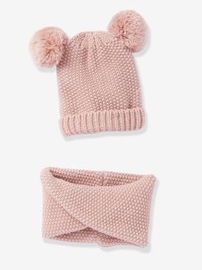 Girls-Accessories-Winter Hats, Scarves, Gloves & Mittens-Beanie with Pompoms & Crossover Snood Set for Girls