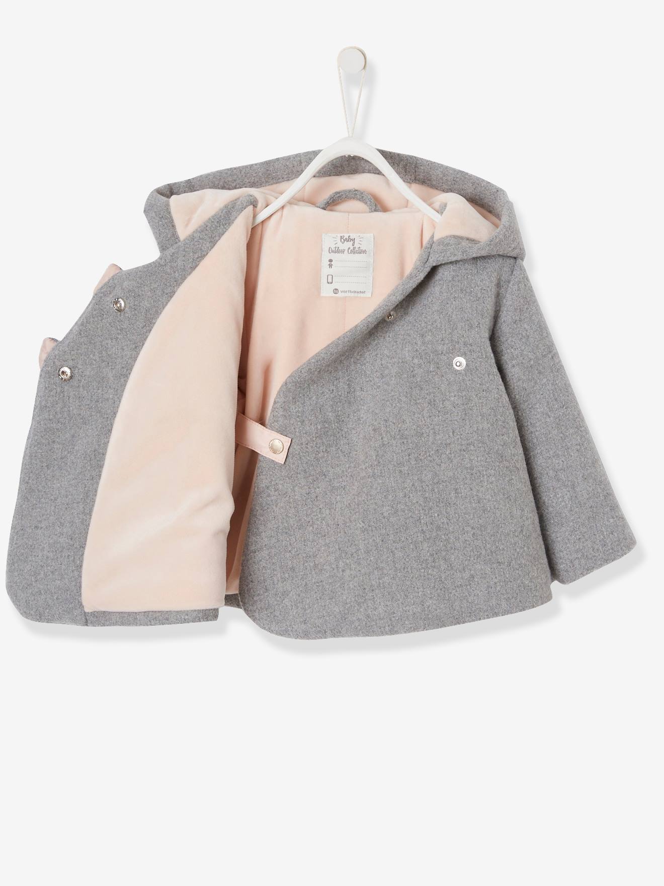 Manteau A Capuche Bebe Fille Lainage Double Et Ouatine Gris Clair Chine Bebe