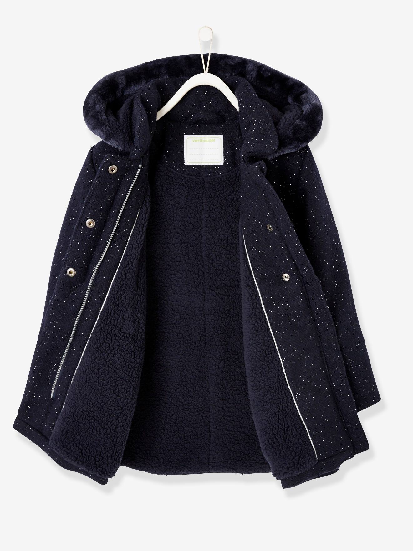 Manteau à capuche fille drap de laine marine grise, Fille