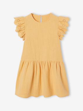 Girls' cotton gauze dress with short embroidered sleeves coral