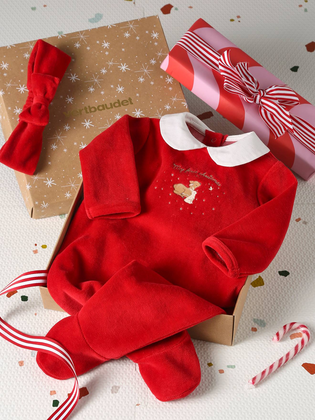 Pyjama Bébé Fille + Bandeau Coffret Cadeau Noël Rouge VERTBAUDET - 1M (54CM)