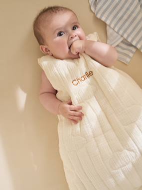 -Customisable organic muslin sleeveless baby sleeping bag IN THE CLOUDS