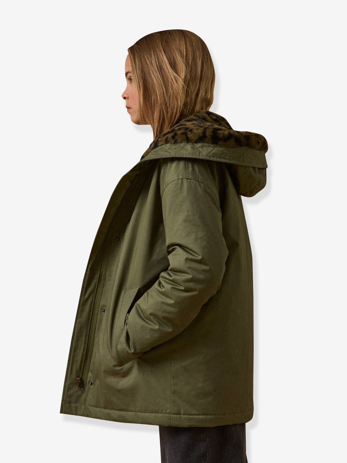 ジャケット・アウター ULTERIOR 26ss SILK NYLON SHORT 65 PARKA Girl's short parka with leopard lining CYRILLUS - green, Girls