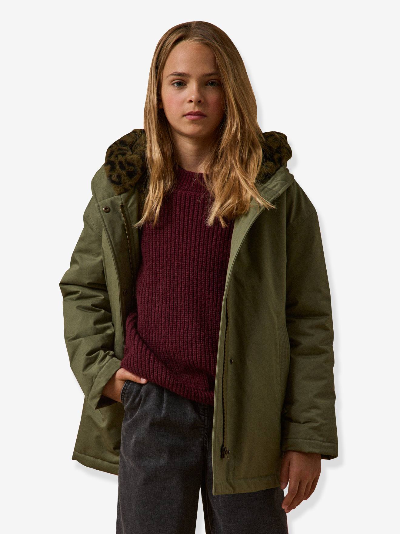 Girl's short parka with leopard lining CYRILLUS - green, Girls