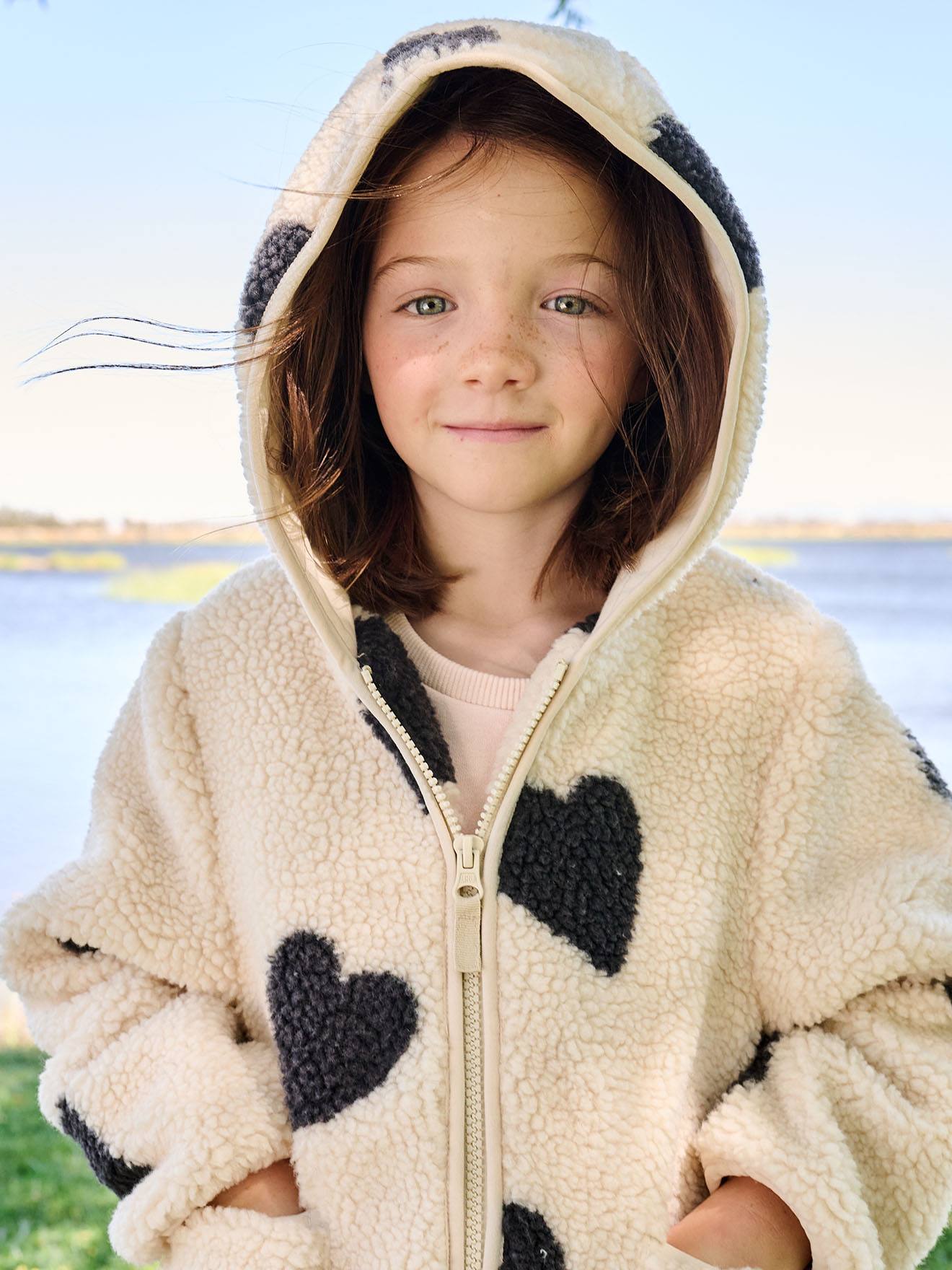 Girls' floral pop hooded sherpa jacket - ecru, Girls