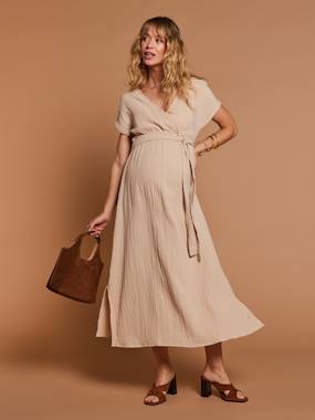 Vêtements de grossesse-Robe-Robe longue grossesse effet cache-coeur en gaze de coton
