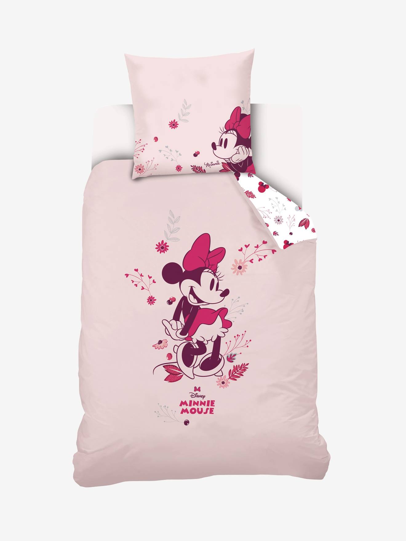 Reversible Duvet Cover Pillowcase Set For Children Disney Minnie Pink Light Solid With Design Bedding Decor