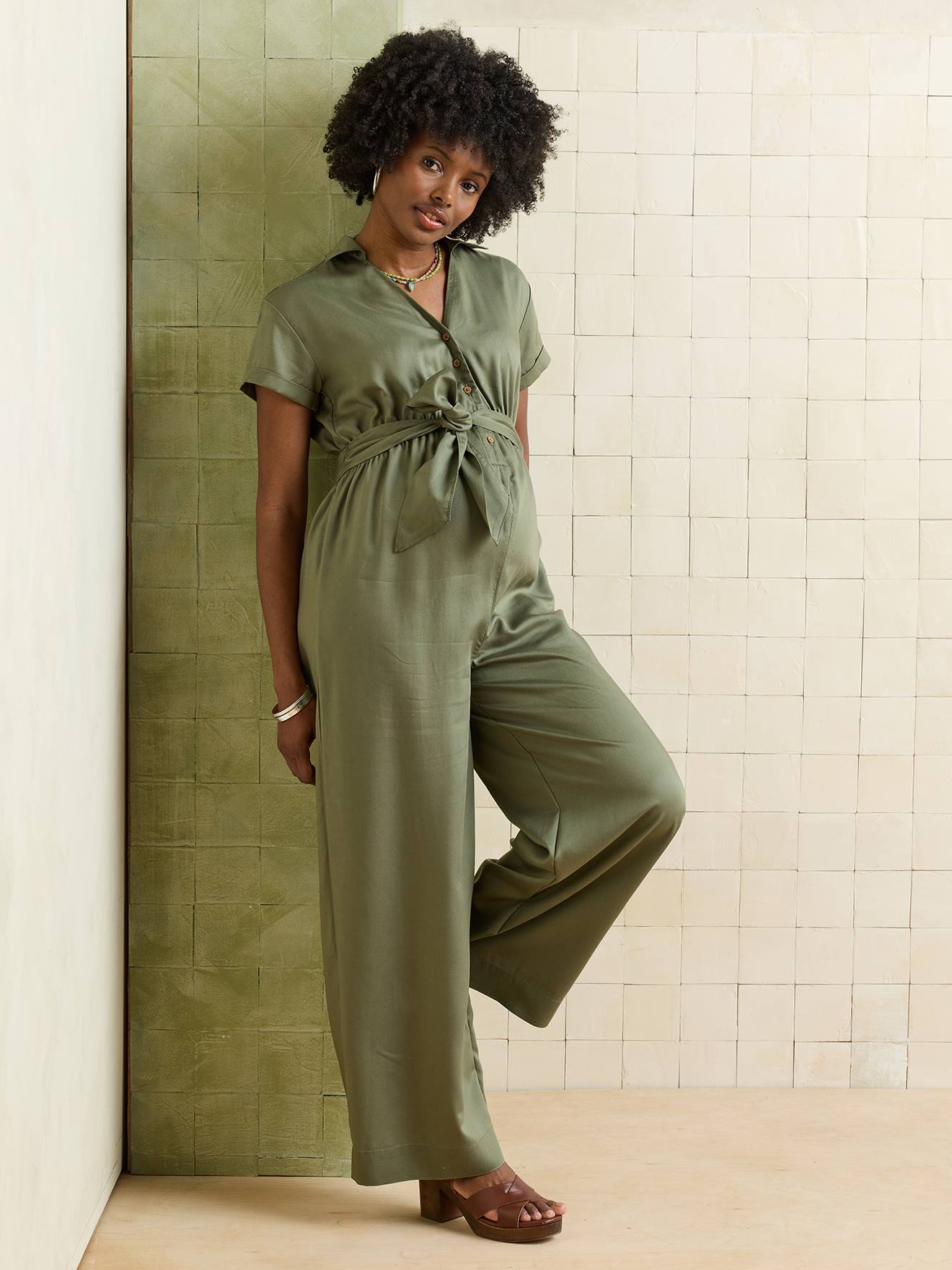 Wide-Leg, Short-Sleeved Lyocell Jumpsuit for Pregnancy & Nursing