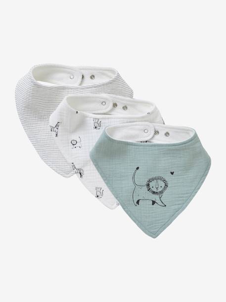 3 Bandana-Style Bibs in Cotton Gauze Brown+crystal blue+GREEN DARK ALL OVER PRINTED+Light Green+old rose+sage green+White/Print - vertbaudet enfant 