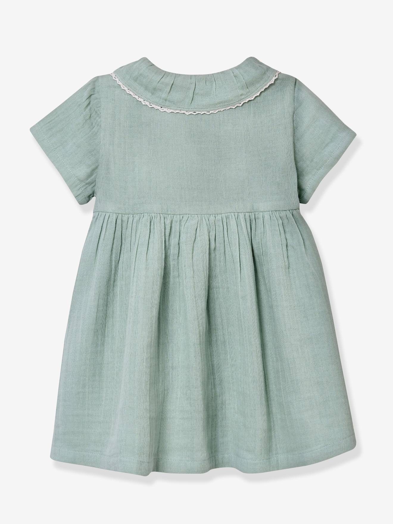 Short cotton gauze dress - sage green, Baby
