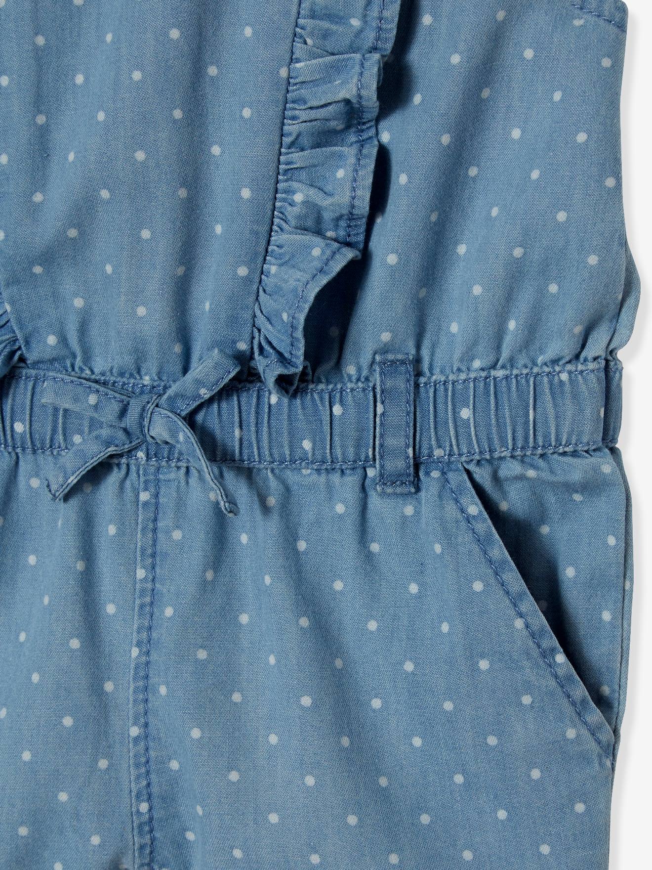 Dotted Denim Playsuit For Baby Girls Bleached Denim Baby