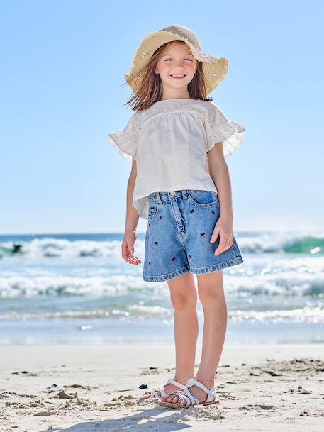 Embroidered girl's short medium blue+rose+sage green - vertbaudet enfant 