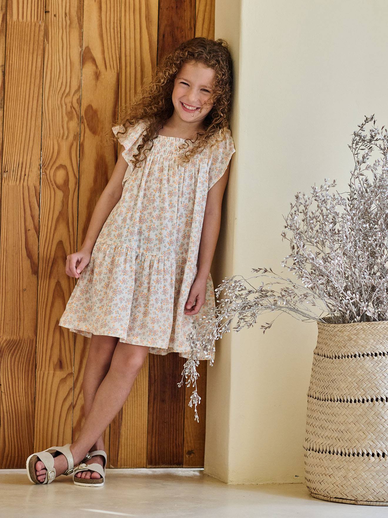Smocked Dress with Floral Print - vanilla, Girls Smocked Dress with Floral Print - vanilla, Girls