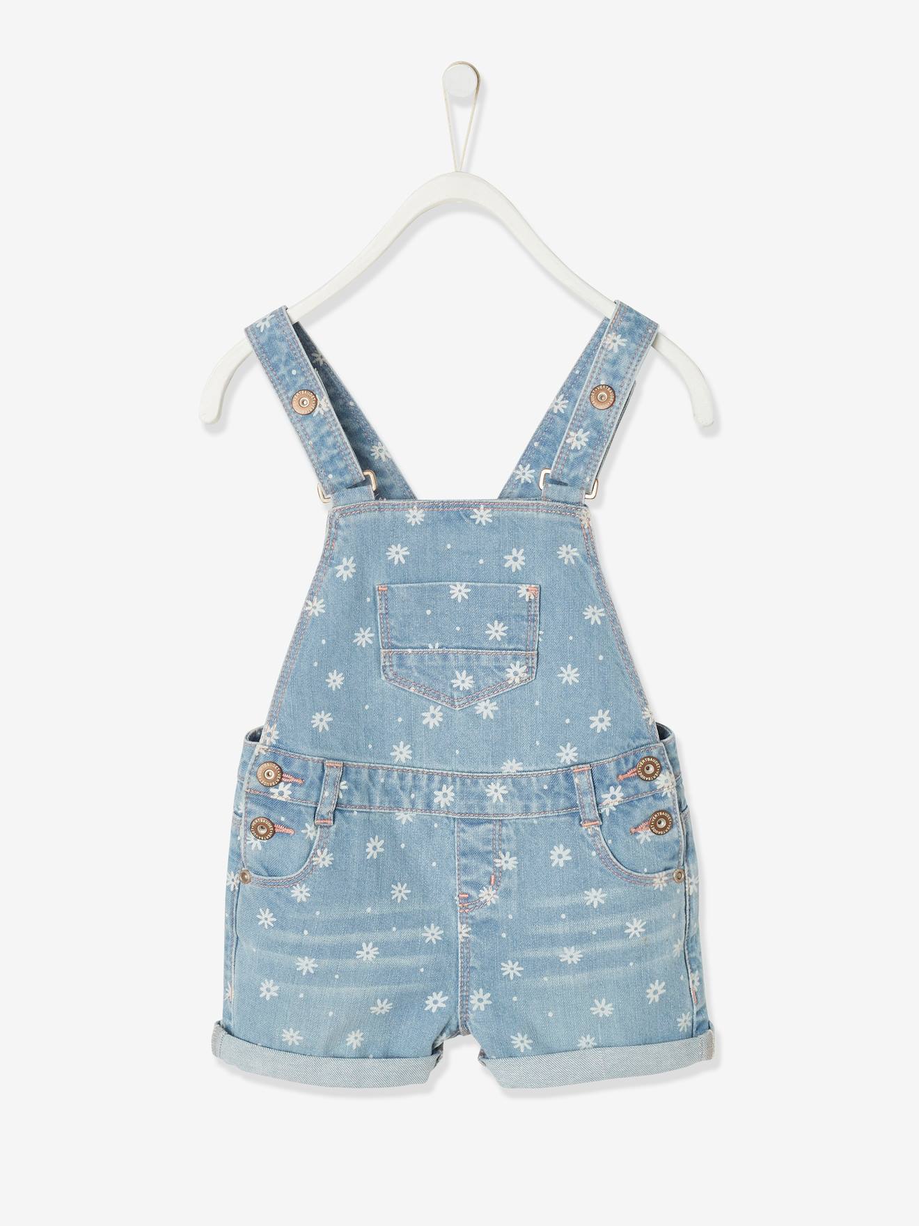 Salopette courte en jean fille - denim bleached fleurs, Fille