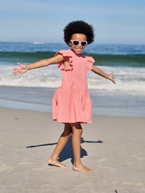 Girls' cotton gauze dress with short embroidered sleeves - yellow, Girls