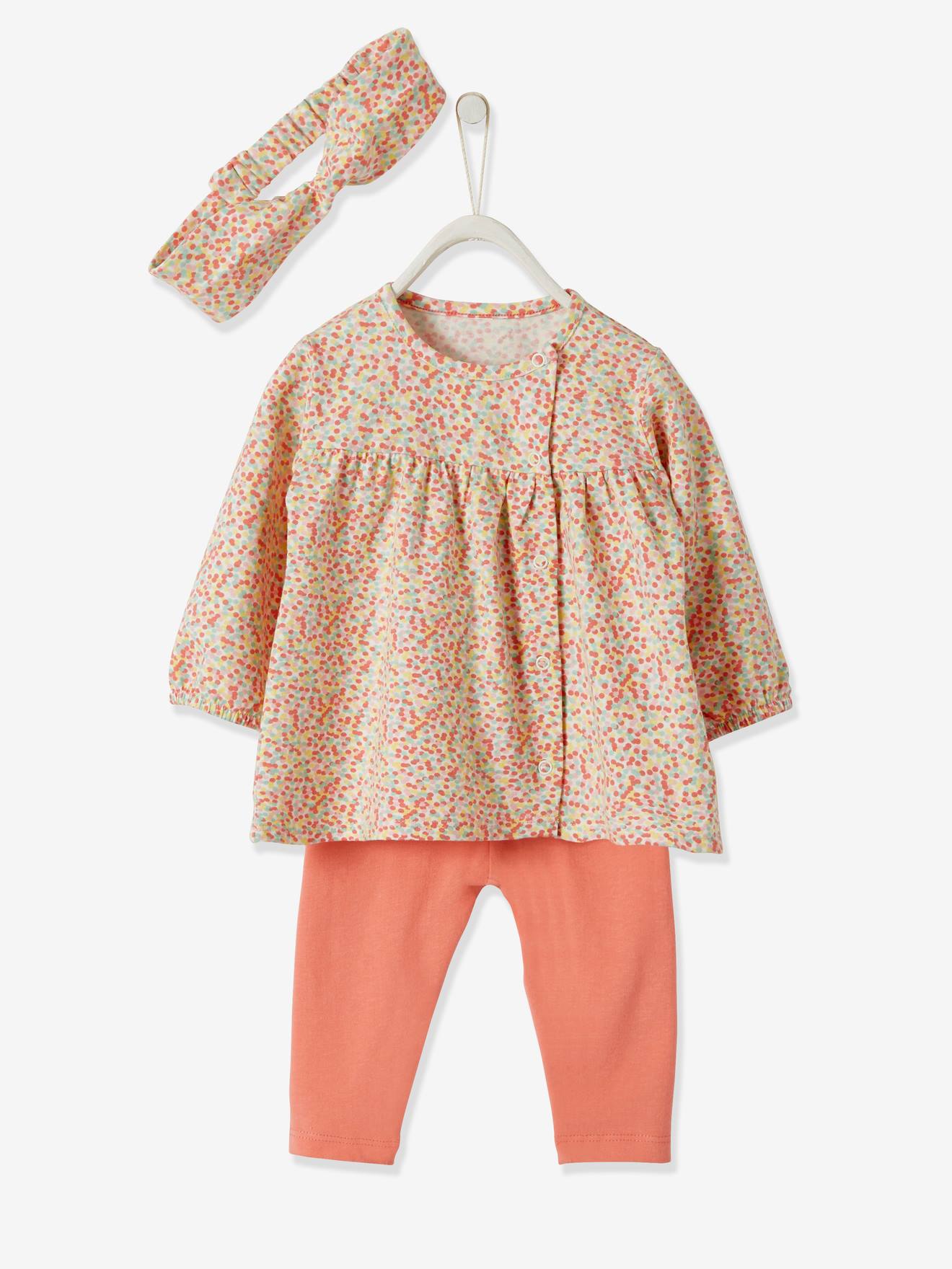 Ensemble Bebe Naissance 3 Pieces Bandeau Robe A Motifs Et Legging Corail Bebe