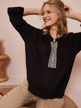 Maternity-Blouses, Shirts & Tunics-Maternity Smocked Blouse with Embroidery