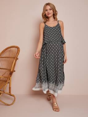 Maternity-Long Maternity Dress with Stylish Flaps