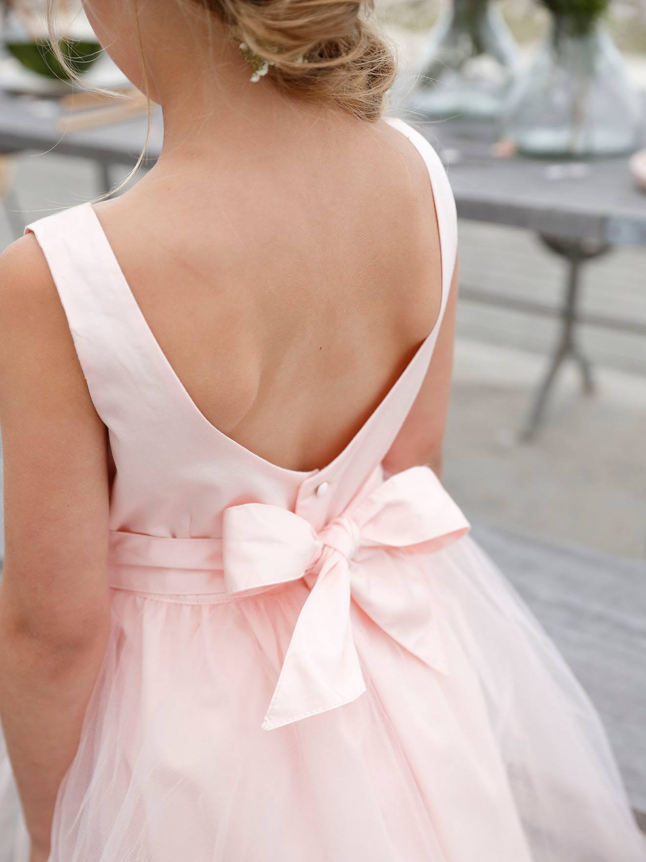 Robe cérémonie fille satin et tulle rose poudré, Fille