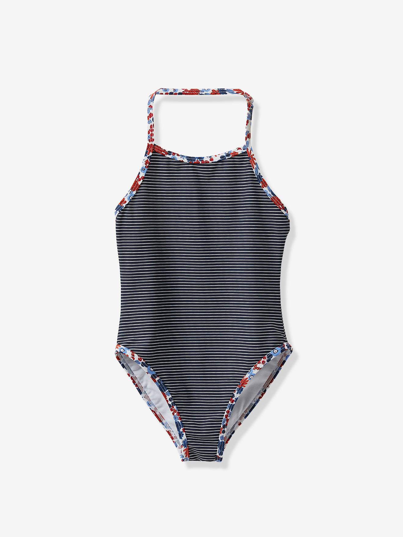 navy and white striped swimsuit