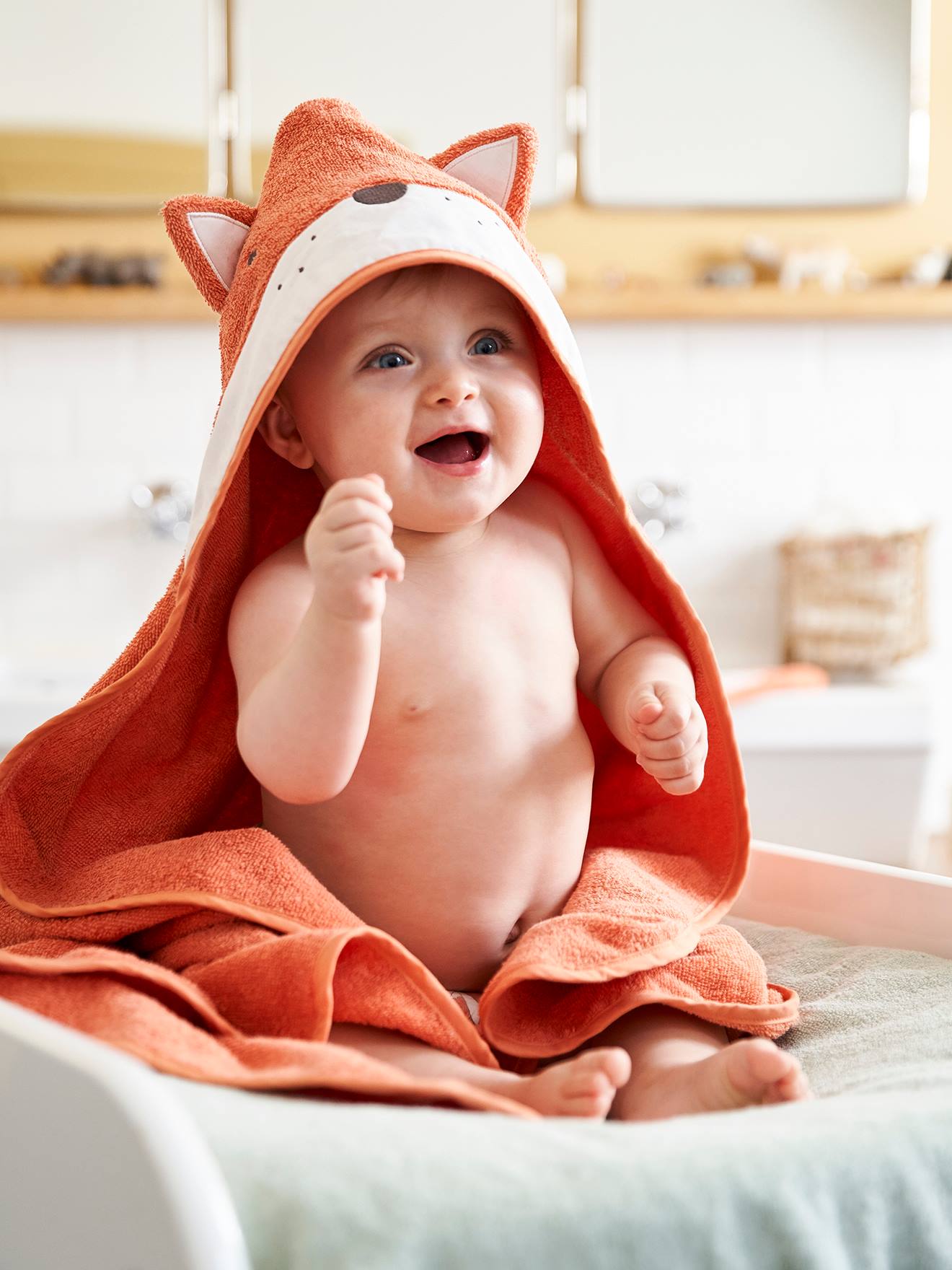 Sortie de bain bébé + gant de toilette Renard – Les Fantaisies de Malou