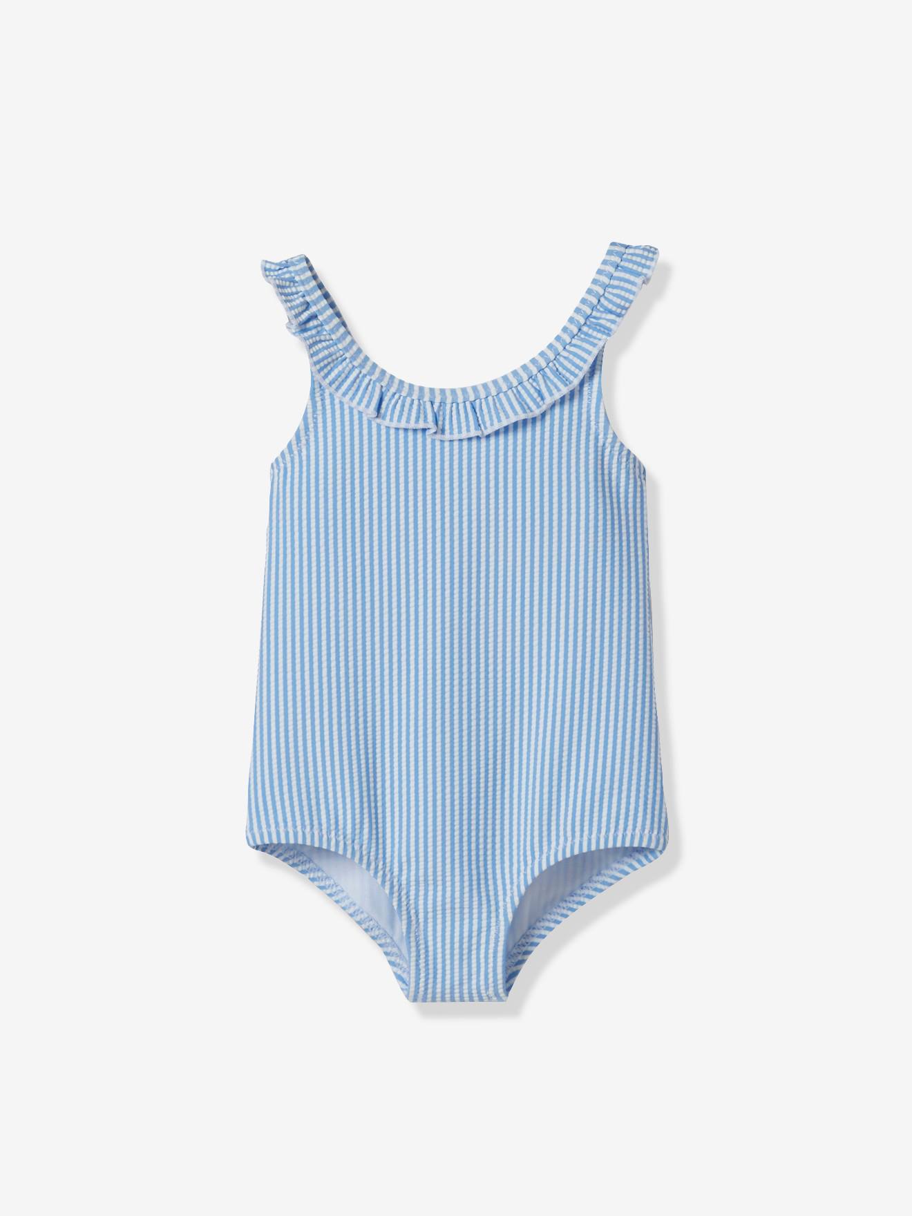 baby blue and white striped swimsuit