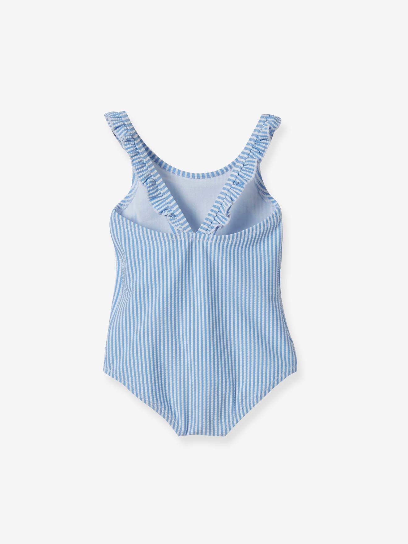 baby blue and white striped swimsuit
