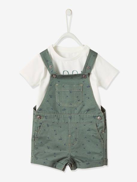 Ensemble 2 Pieces Bebe Garcon T Shirt Et Salopette Motifs Palmiers Vert Fonce Imprime Bebe