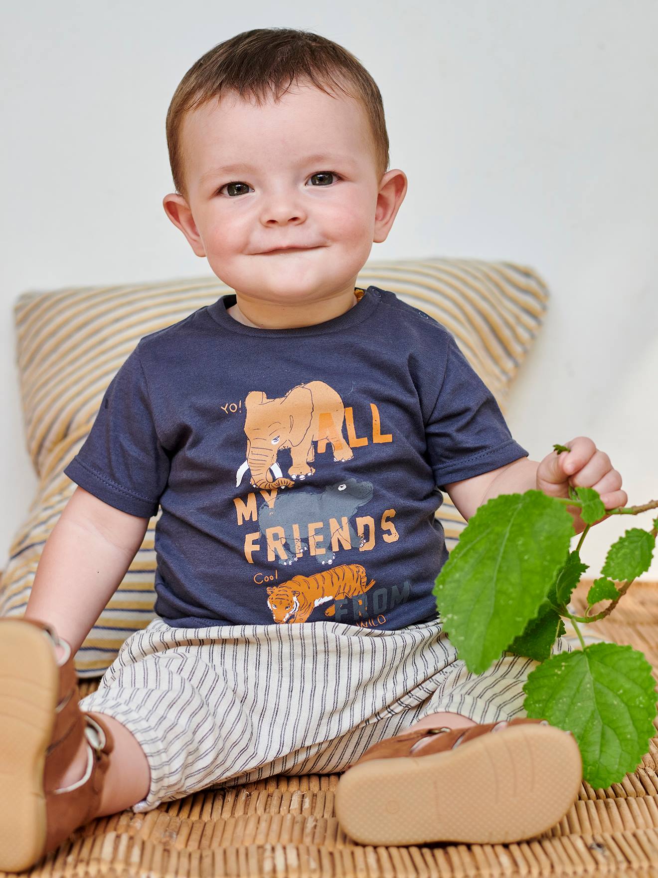 Pantalon Bebe Garcon Lin Et Coton Raye Beige Raye Bebe
